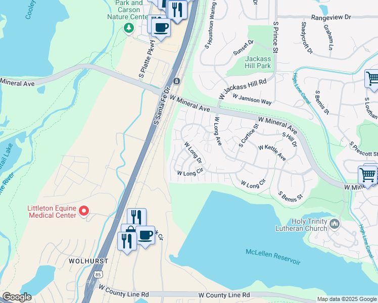 map of restaurants, bars, coffee shops, grocery stores, and more near 2941 West Long Drive in Littleton