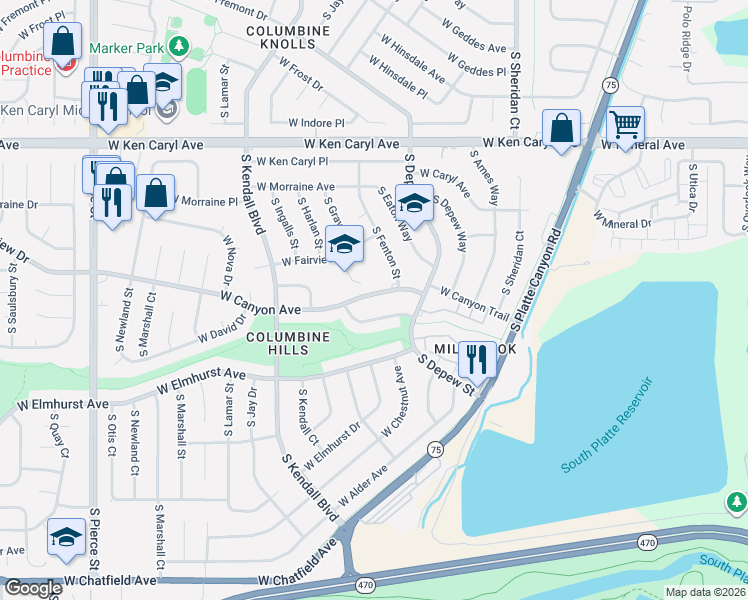 map of restaurants, bars, coffee shops, grocery stores, and more near 6005 West Canyon Avenue in Littleton