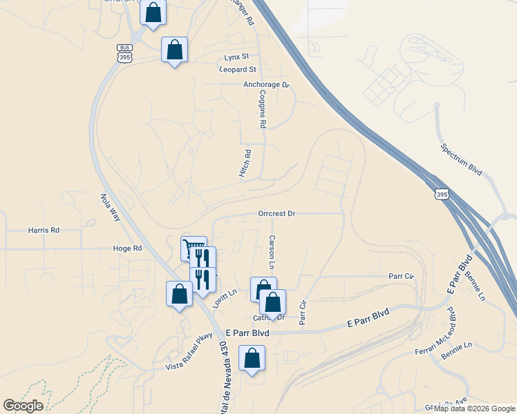 map of restaurants, bars, coffee shops, grocery stores, and more near 1484 Hagar Road in Reno