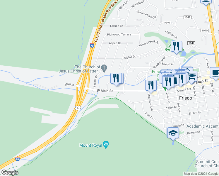 map of restaurants, bars, coffee shops, grocery stores, and more near 331 West Main Street in Frisco