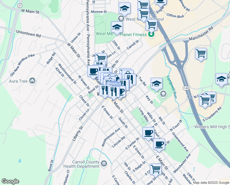 map of restaurants, bars, coffee shops, grocery stores, and more near Winters Street in Westminster