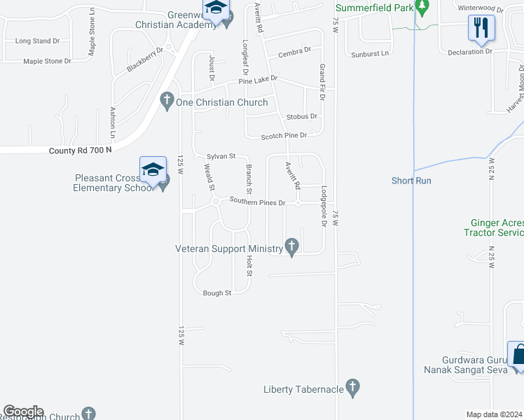 map of restaurants, bars, coffee shops, grocery stores, and more near 3070 Limber Pine Drive in Whiteland