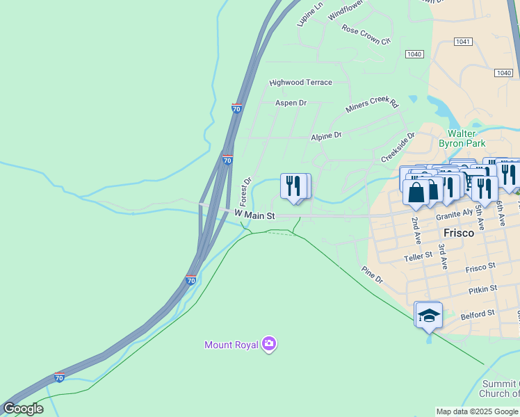 map of restaurants, bars, coffee shops, grocery stores, and more near 487 West Main Street in Frisco