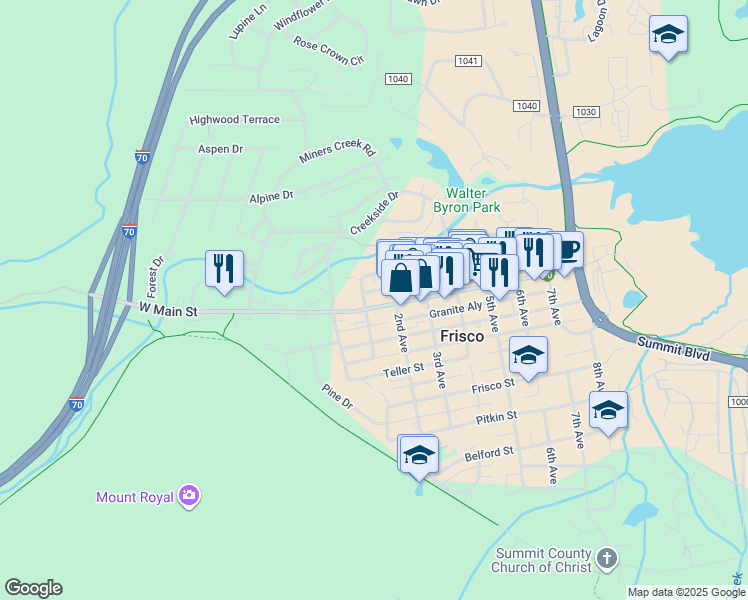 map of restaurants, bars, coffee shops, grocery stores, and more near 110 Galena Street in Frisco
