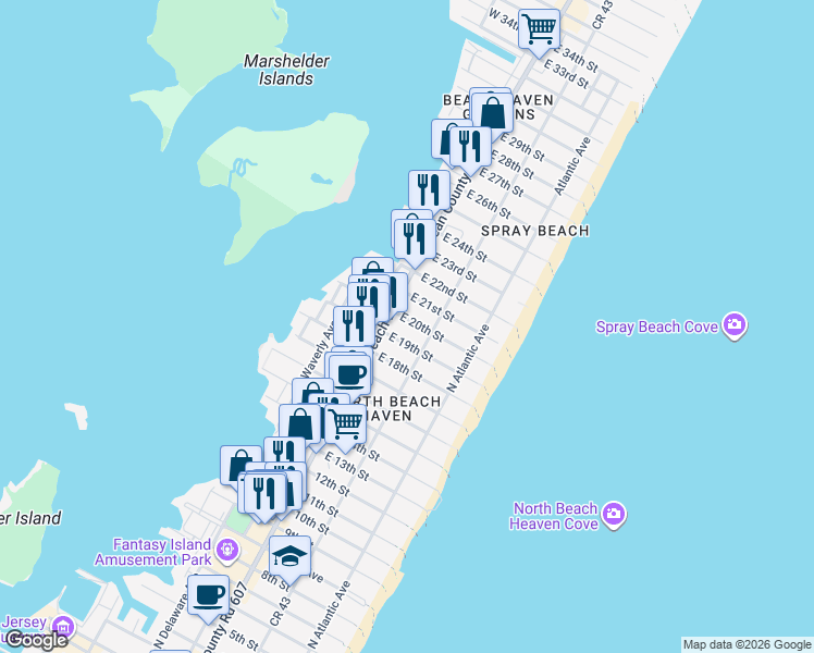 map of restaurants, bars, coffee shops, grocery stores, and more near 9 East 20th Street in Long Beach
