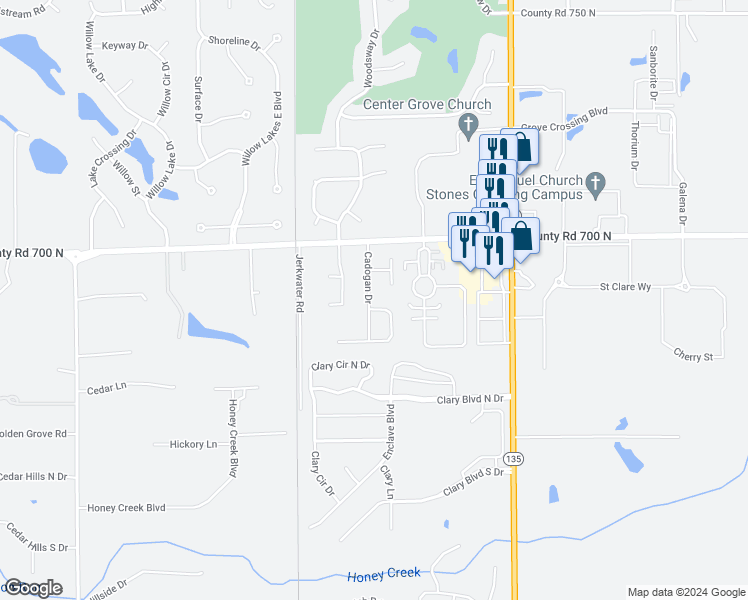 map of restaurants, bars, coffee shops, grocery stores, and more near 2863 Cadogan Drive in Greenwood