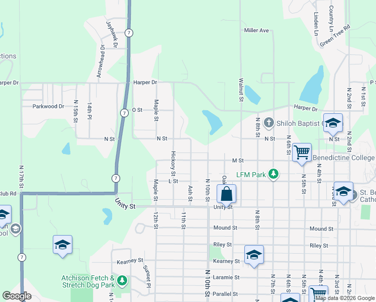 map of restaurants, bars, coffee shops, grocery stores, and more near 121 Ash Street in Atchison