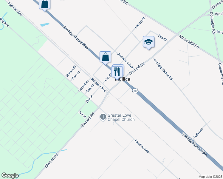 map of restaurants, bars, coffee shops, grocery stores, and more near Elwood Road in Elwood
