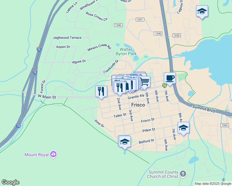 map of restaurants, bars, coffee shops, grocery stores, and more near 110 Galena Street in Frisco
