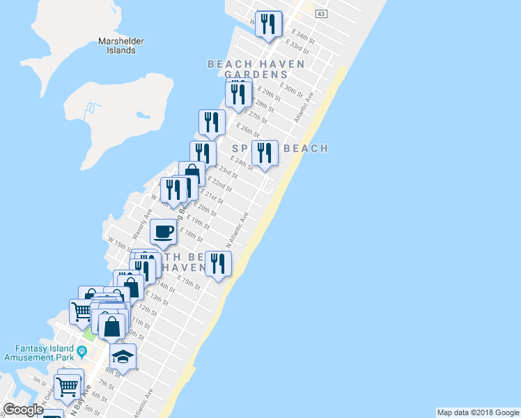 map of restaurants, bars, coffee shops, grocery stores, and more near 210 East 22nd Street in Long Beach Township