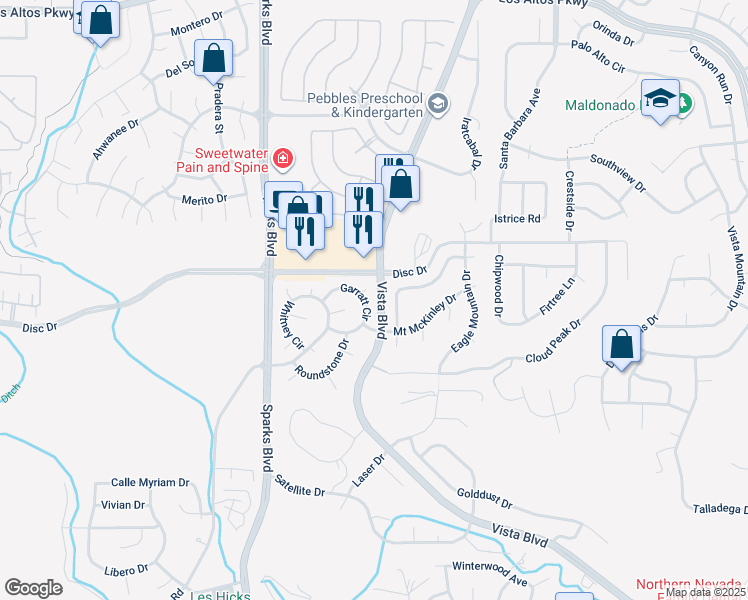 map of restaurants, bars, coffee shops, grocery stores, and more near 4393 Garratt Court in Sparks