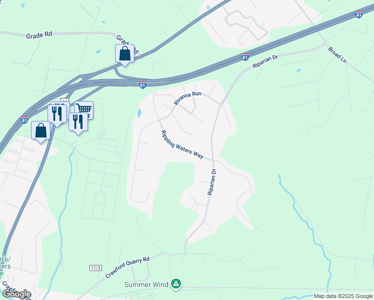 map of restaurants, bars, coffee shops, grocery stores, and more near 195 Rippling Waters Way in Falling Waters