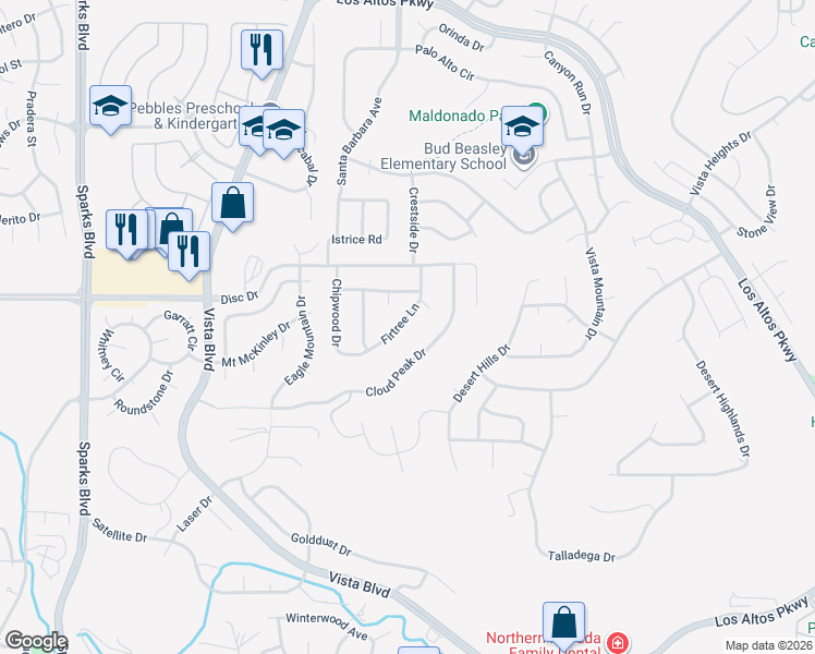 map of restaurants, bars, coffee shops, grocery stores, and more near 4675 Firtree Lane in Sparks