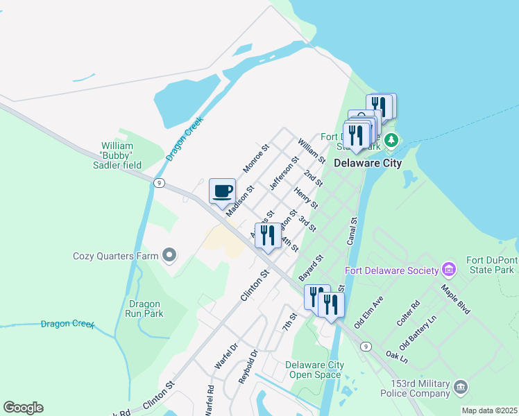 map of restaurants, bars, coffee shops, grocery stores, and more near 309 Jefferson Street in Delaware City