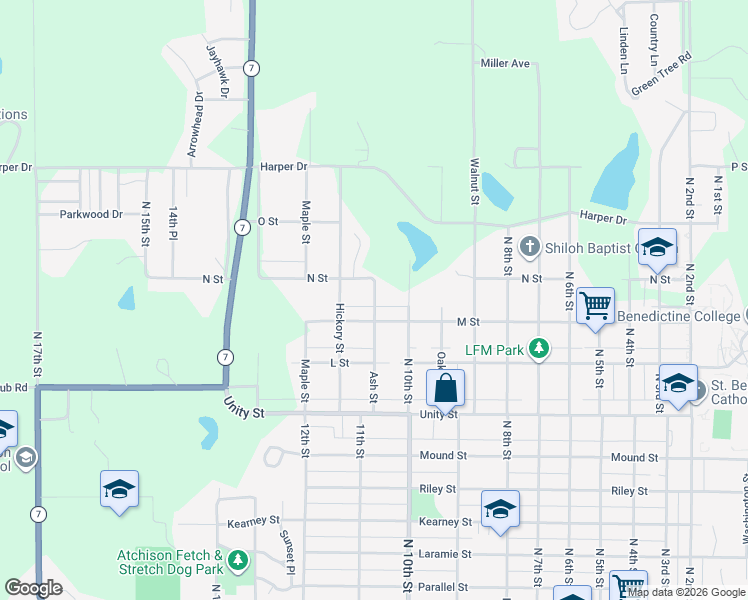 map of restaurants, bars, coffee shops, grocery stores, and more near 121 Ash Street in Atchison
