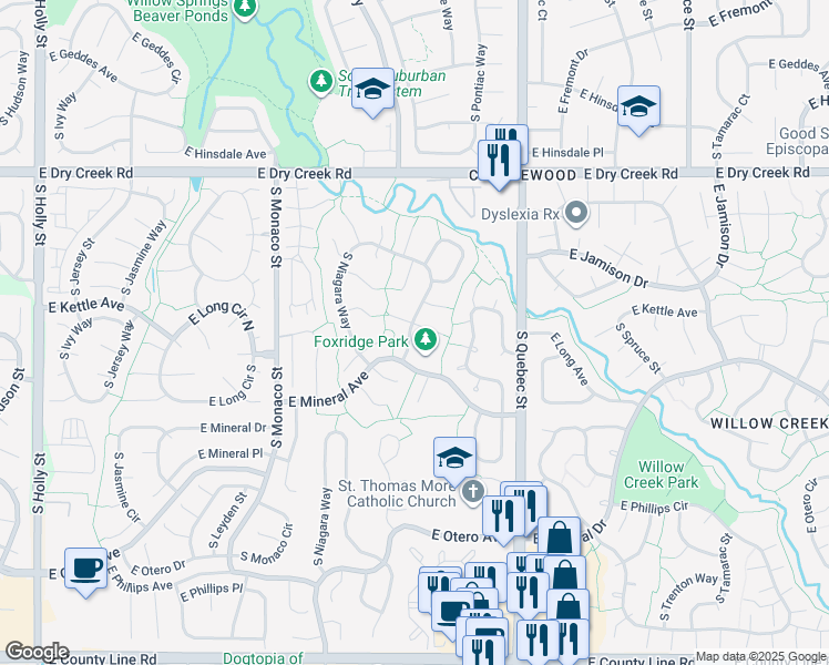 map of restaurants, bars, coffee shops, grocery stores, and more near 6918 East Long Avenue in Centennial