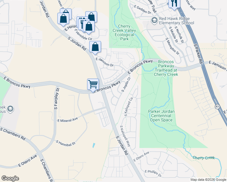 map of restaurants, bars, coffee shops, grocery stores, and more near 7769 South Joplin Way in Englewood