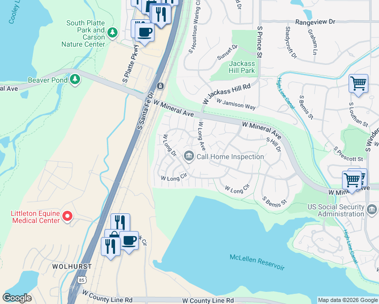 map of restaurants, bars, coffee shops, grocery stores, and more near 3001 West Long Court in Littleton