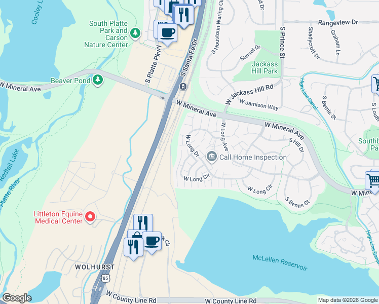 map of restaurants, bars, coffee shops, grocery stores, and more near 2916 West Long Circle in Littleton