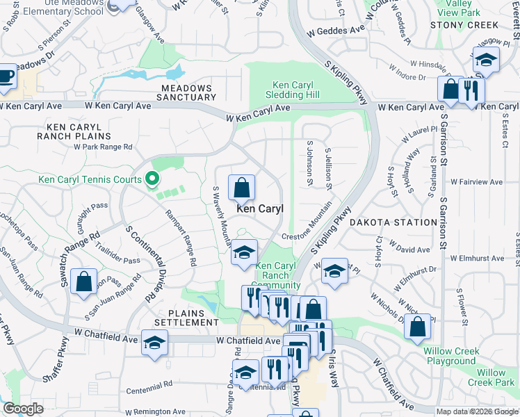 map of restaurants, bars, coffee shops, grocery stores, and more near in Ken Caryl