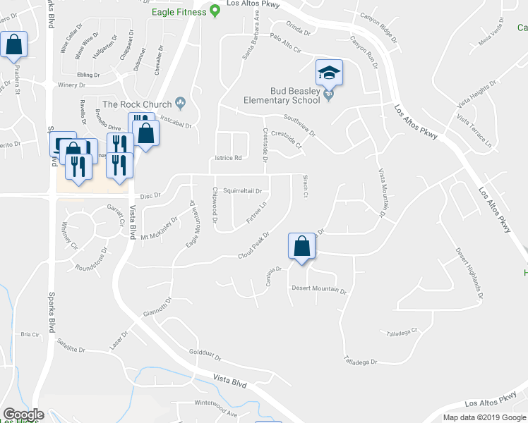 map of restaurants, bars, coffee shops, grocery stores, and more near 4690 Firtree Lane in Sparks