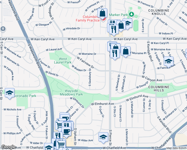 map of restaurants, bars, coffee shops, grocery stores, and more near 6901 West Walden Place in Littleton