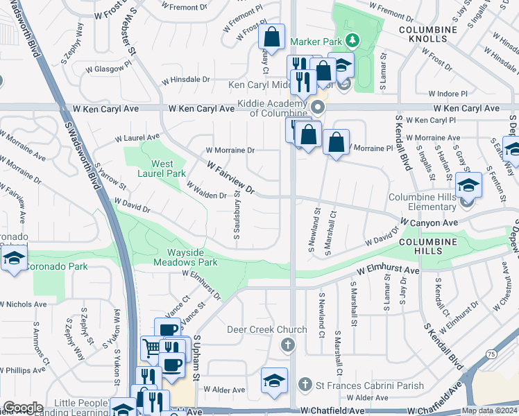 map of restaurants, bars, coffee shops, grocery stores, and more near 6901 West Walden Place in Littleton