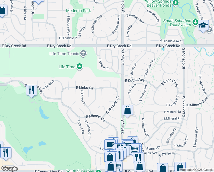 map of restaurants, bars, coffee shops, grocery stores, and more near 5393 East Links Circle in Centennial