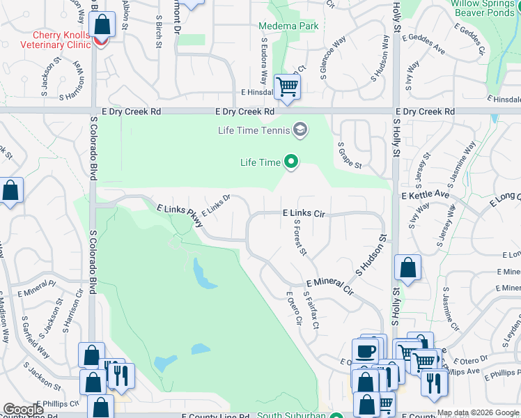 map of restaurants, bars, coffee shops, grocery stores, and more near 7742 South Eudora Court in Centennial
