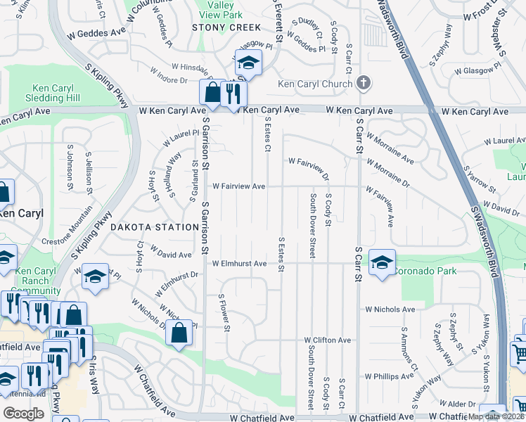 map of restaurants, bars, coffee shops, grocery stores, and more near 7773 South Estes Street in Littleton