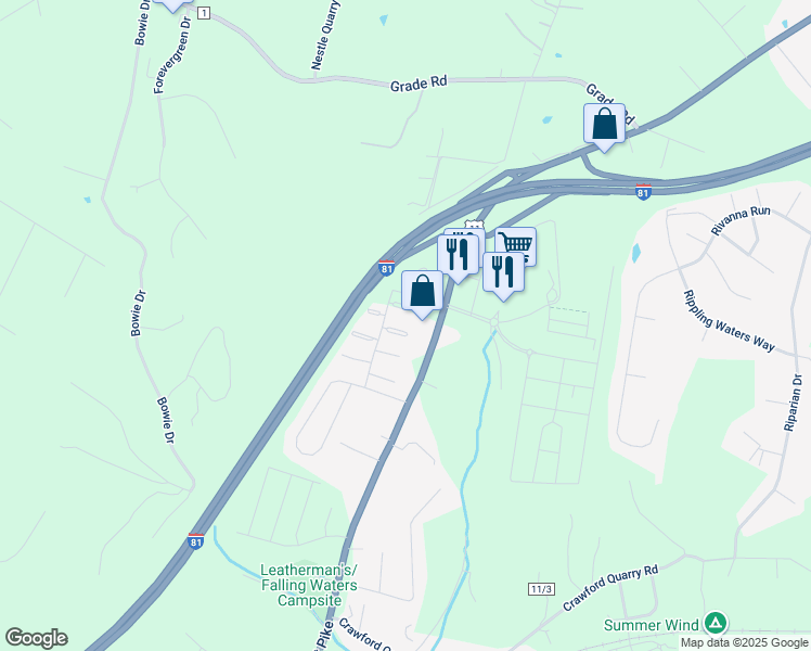 map of restaurants, bars, coffee shops, grocery stores, and more near 45 Wayside Court in Falling Waters