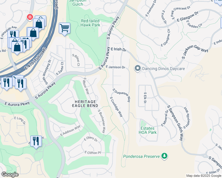 map of restaurants, bars, coffee shops, grocery stores, and more near 7725 South Duquesne Way in Aurora