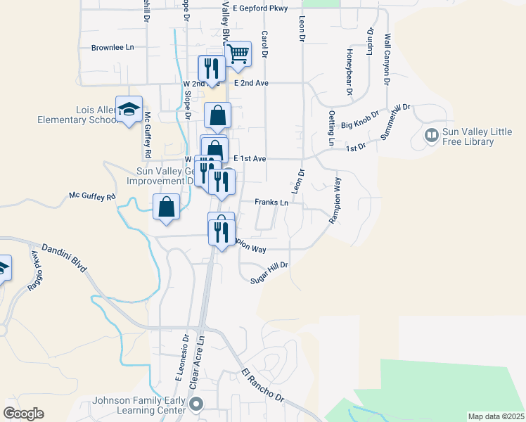 map of restaurants, bars, coffee shops, grocery stores, and more near 53 Franks Lane in Sun Valley