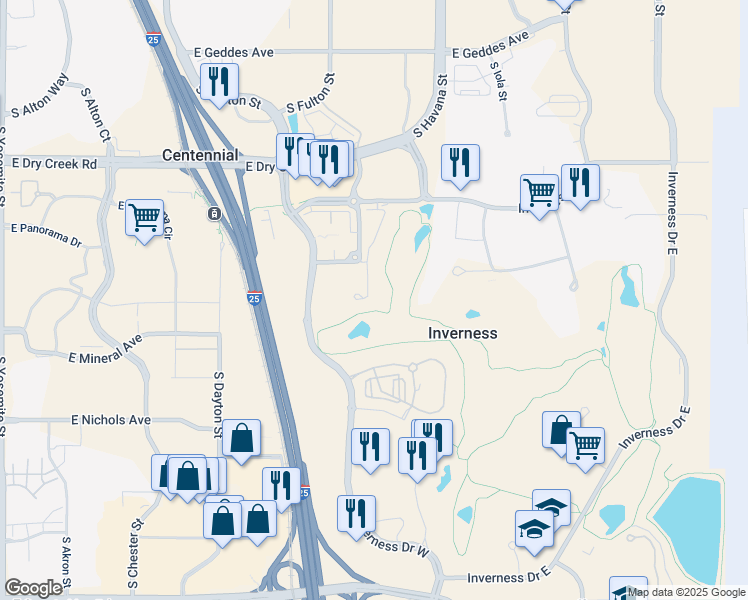 map of restaurants, bars, coffee shops, grocery stores, and more near 7882 Vallagio Lane in Englewood