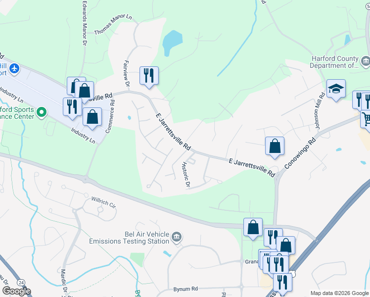map of restaurants, bars, coffee shops, grocery stores, and more near 2314 Carya Way in Forest Hill