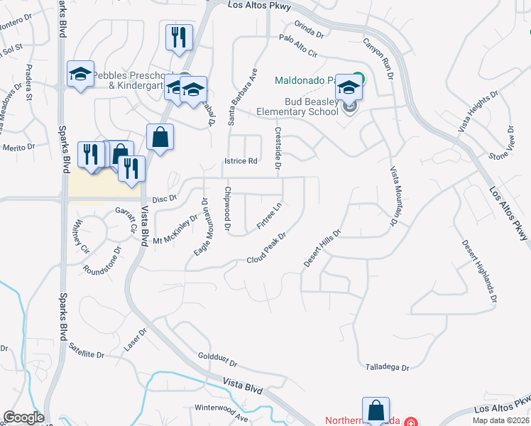 map of restaurants, bars, coffee shops, grocery stores, and more near 4675 Firtree Lane in Sparks