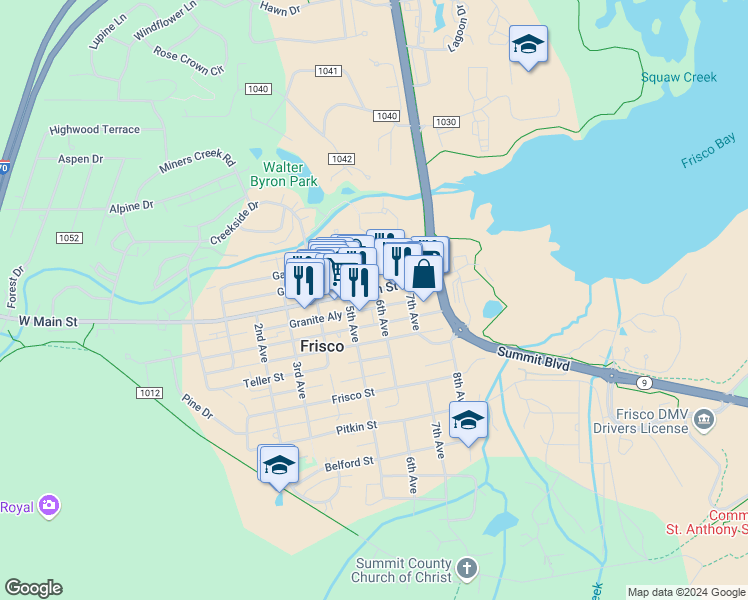 map of restaurants, bars, coffee shops, grocery stores, and more near 107 6th Avenue in Frisco