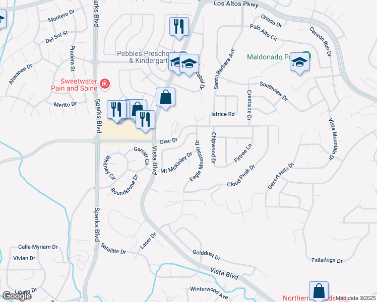 map of restaurants, bars, coffee shops, grocery stores, and more near 4585 Mount McKinley Drive in Sparks