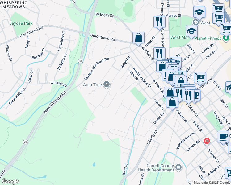 map of restaurants, bars, coffee shops, grocery stores, and more near 51 Ridge Road in Westminster