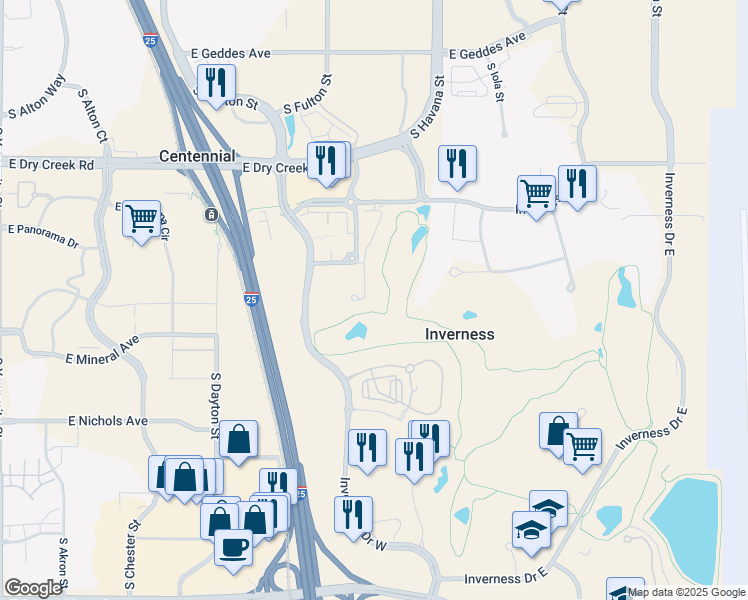 map of restaurants, bars, coffee shops, grocery stores, and more near 7884 Vallagio Lane in Englewood