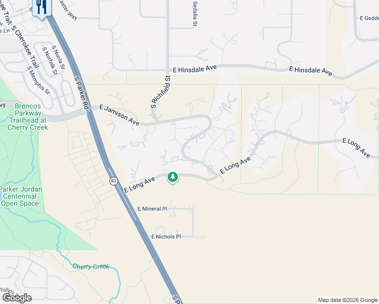 map of restaurants, bars, coffee shops, grocery stores, and more near 17745 East Jamison Avenue in Centennial