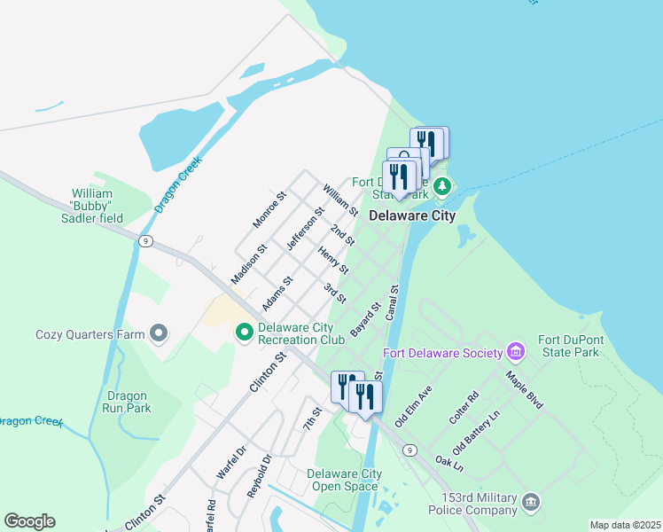 map of restaurants, bars, coffee shops, grocery stores, and more near 213 Washington Street in Delaware City