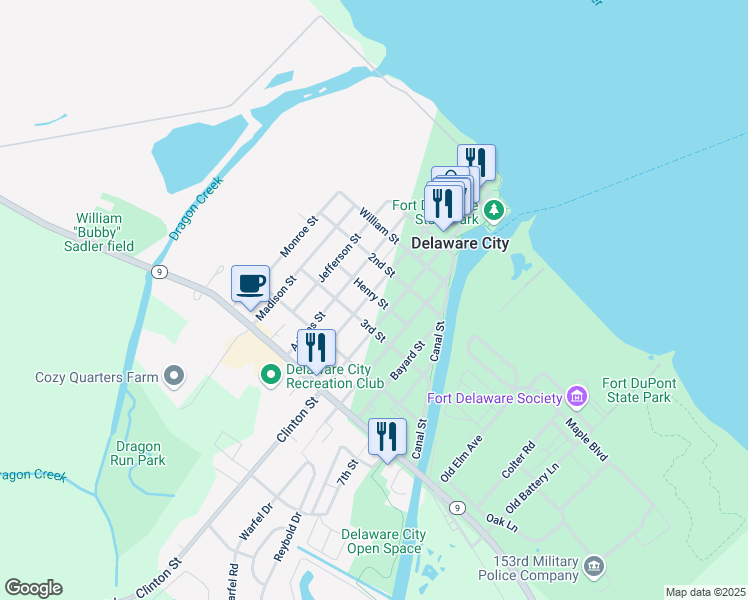 map of restaurants, bars, coffee shops, grocery stores, and more near 213 Washington Street in Delaware City