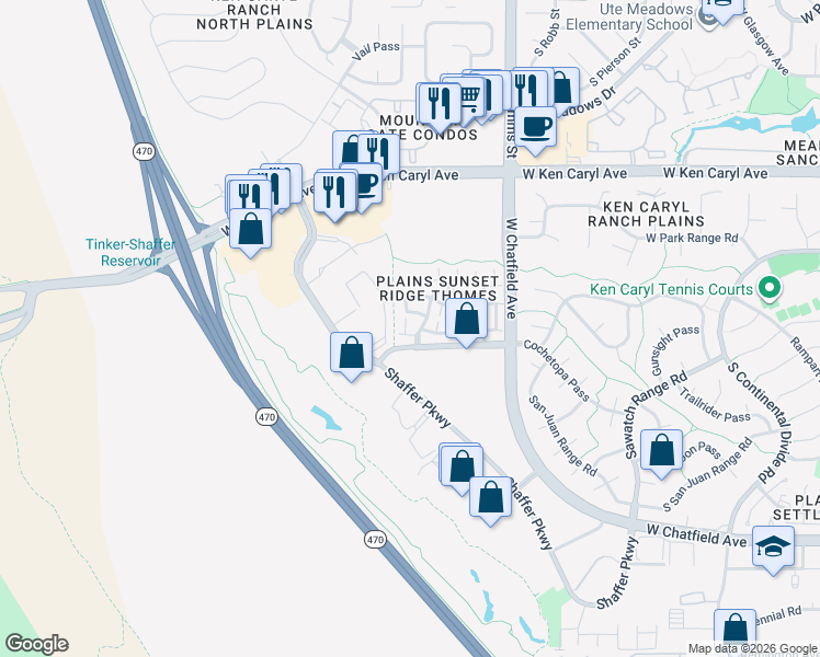 map of restaurants, bars, coffee shops, grocery stores, and more near 11887 West Elk Head Range Road in Littleton