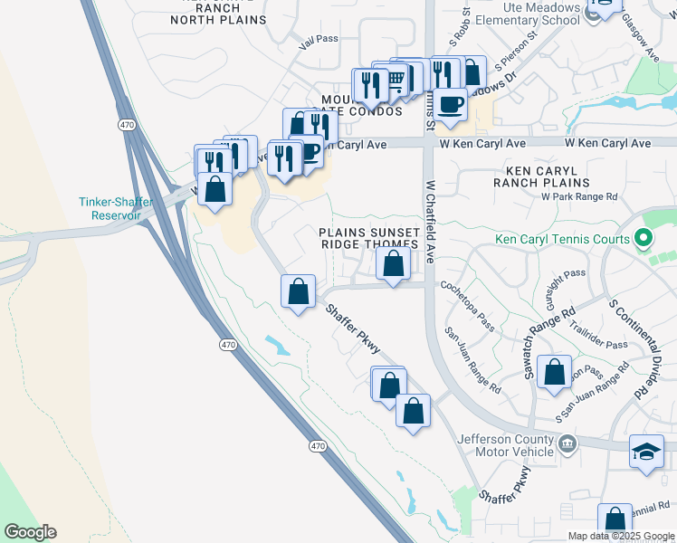 map of restaurants, bars, coffee shops, grocery stores, and more near 11887 West Elk Head Range Road in Littleton