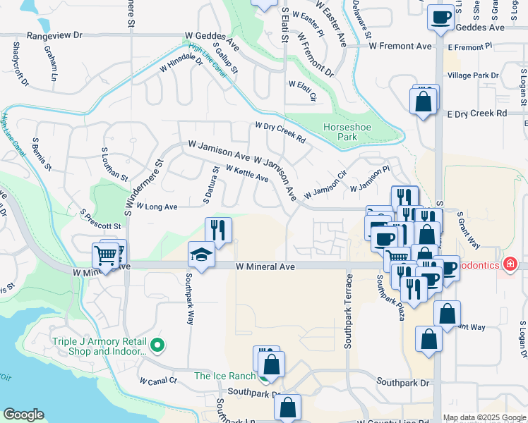 map of restaurants, bars, coffee shops, grocery stores, and more near 7971 South Elati Circle in Littleton