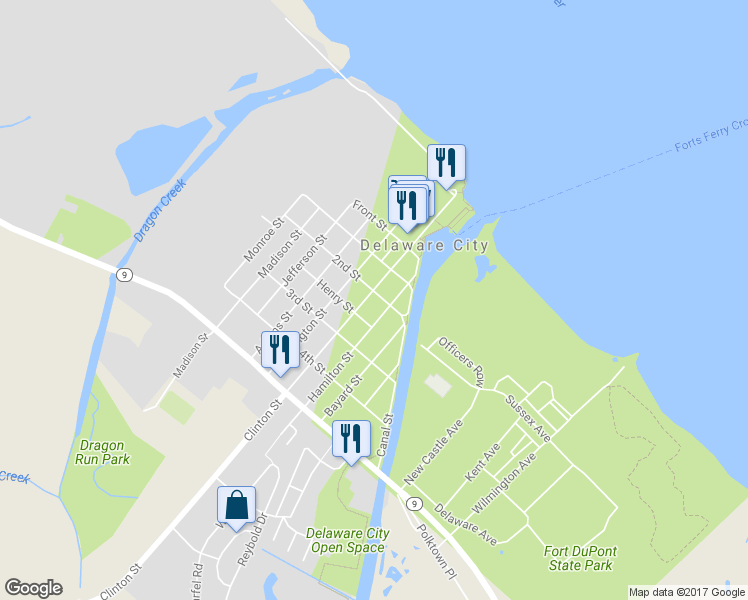 map of restaurants, bars, coffee shops, grocery stores, and more near 203 Clinton Street in Delaware City