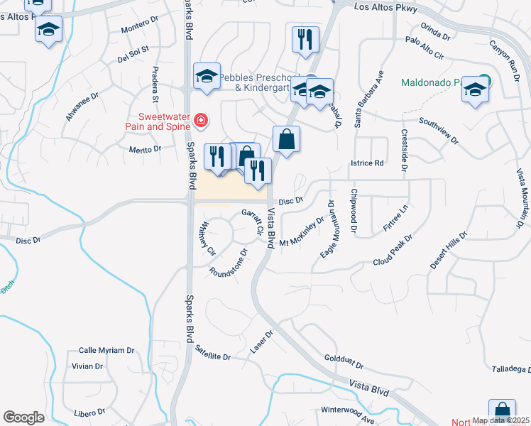 map of restaurants, bars, coffee shops, grocery stores, and more near 4393 Garratt Court in Sparks