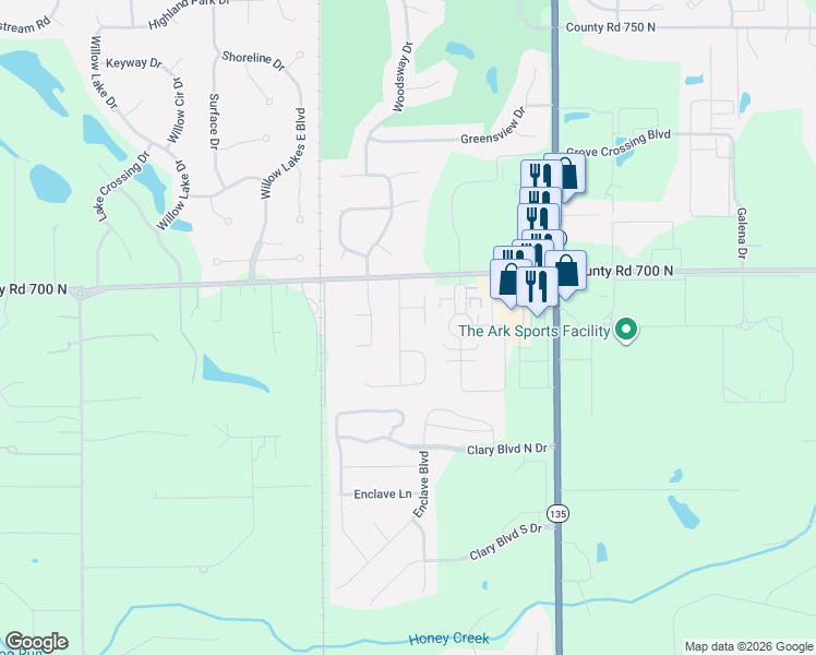 map of restaurants, bars, coffee shops, grocery stores, and more near 2830 Rylee Court in Greenwood