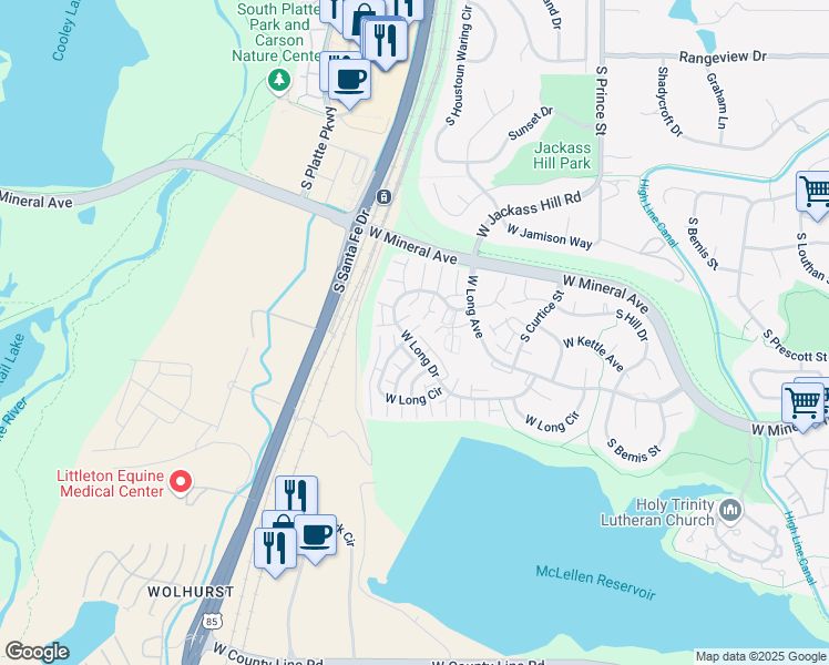 map of restaurants, bars, coffee shops, grocery stores, and more near 2941 West Long Drive in Littleton